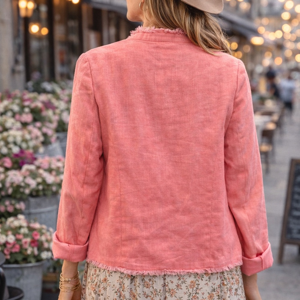 Vintage Willi Smith Coral Open-Front Frayed Blazer 100% linen - Picture 2 of 3